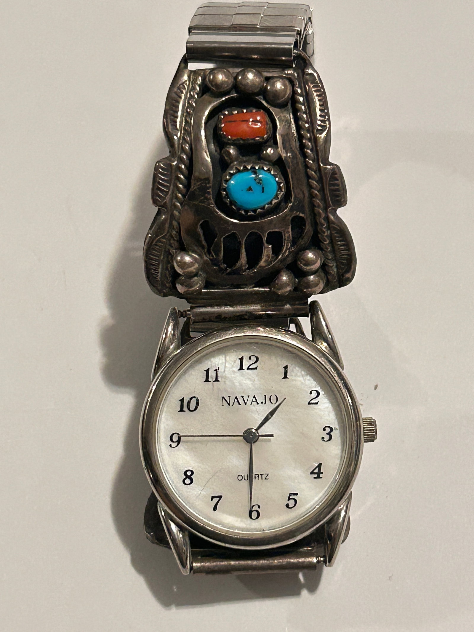 Vintage watch Navajo Sterling Silver Turquoise Coral Robert Becenti working: Vintage watch Navajo Sterling Silver Turquoise Coral Robert Becenti working Please view all photos as they are part of the description and condition of this Item, Feel free to contact me with question