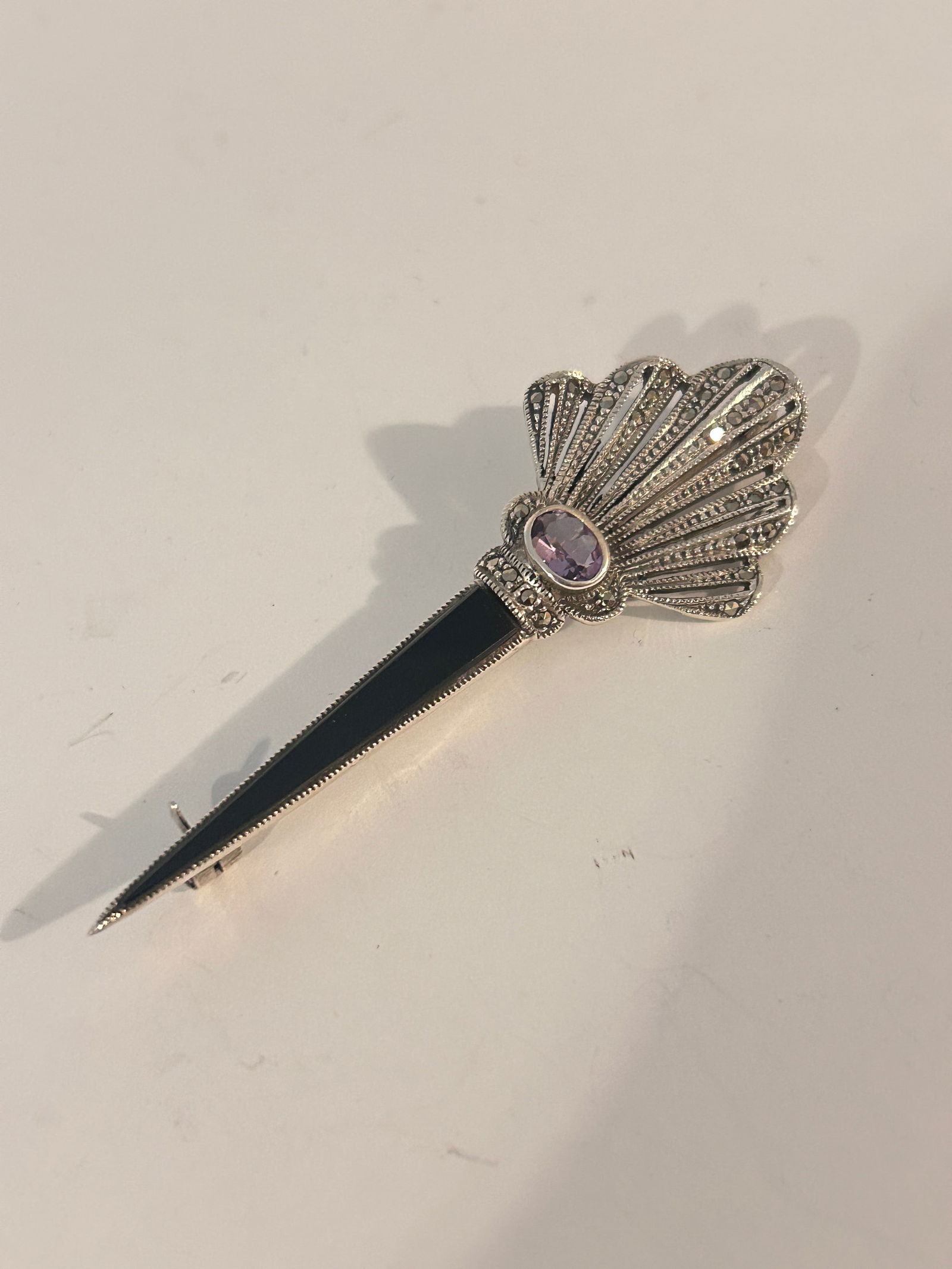 Vintage Sterling Silver Onyx Marcasite Amethyst Brooch: Vintage Sterling Silver Onyx Marcasite Amethyst Brooch Please view all photos as they are part of the description and condition of this Item, Feel free to contact me with questions or picture requests