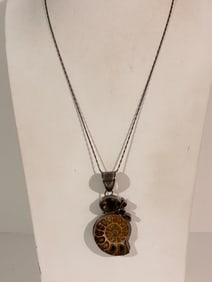 Large Fossil Ammonite and Quartz Sterling Silver Pendant Sz 21"