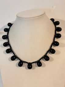 Vintage Black Glass Bead Necklace 17"