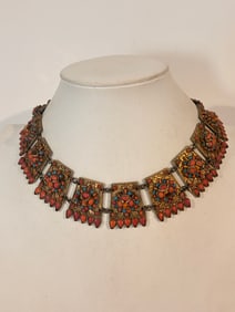 Vintage Asian Coral & Turquoise Hindu Buddha Dimentional  Bib Necklace 14"