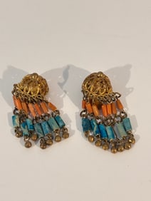 vintage Egyptian Revival earrings with turquoise and orange beads