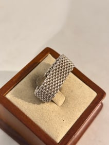 Tiffany & Co Somerset Ring Mesh Weave Mens Unisex Sterling Silver Ring Size 9