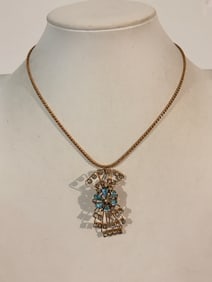 Vtg Signed M&S 1/20 12K Gold Filled Aqua Blue Rhinestone Brooch Necklace Sz