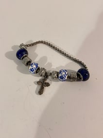 Cobalt Blue Bead Bracelet Silver Tone Glass and Porcelain Cross 7"