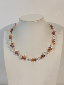 Vintage Sterling Silver amber pearl bead necklace 19"