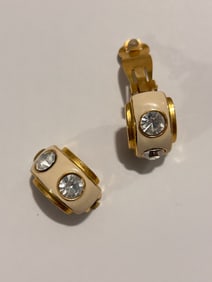 Vtg Signed Erwin Pearl PEP Clear Rhinestone Enamel Art Deco Clip On Earrings