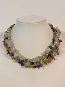 Vintage Sterling Silver Multi-Gemstone Necklace - Citrine, Peridot, Garnet, Amethyst, Quartz, More