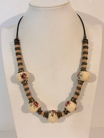 Vintage 60s English Floral Handmade Ceramic Bead Necklace, Statement Piece 23"