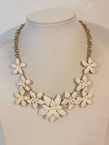 TALBOTS Gold Tone Ditzy Pearl Floral Enamel Statement Necklace 15"