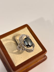 Vintage Sterling Silver Black Tourmaline filigree Ring sz 6
