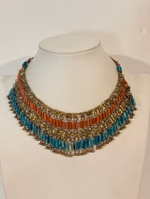 Circa 1930s Egyptian Revival Coral and Faience Fringe Necklace 14"