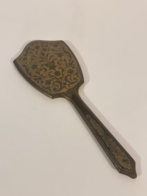 Rare Vintage 1950s Gold Tone  Brass Hand Held Vanity Mirror w/Floral