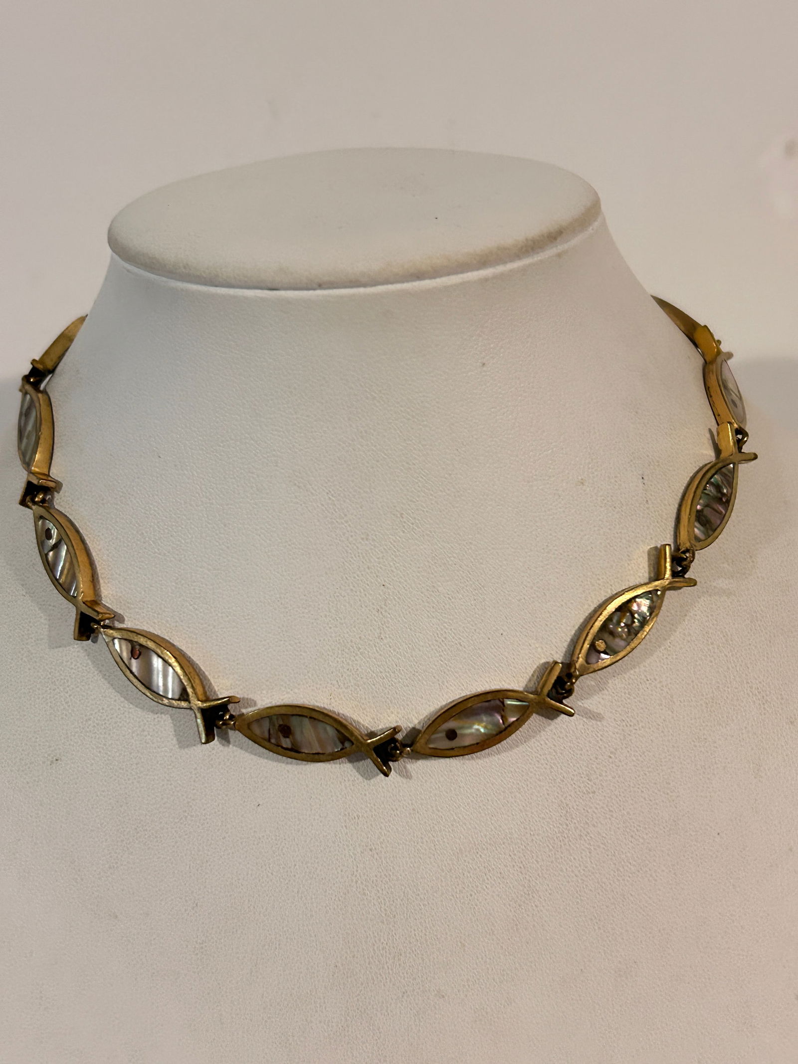 Los Castillo Mexico Brass & Abalone Fish Link Choker  Necklace Sz 15" (1 of 5)