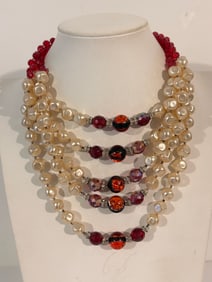 Exquisite Faux Pearl & Red Glass Bead Vintage Necklace 5 Strand 13"