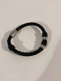 Black Braided Leather Magnetic Bracelet:Stainless Steel 8"
