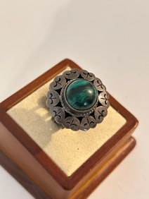 Vintage Sterling Silver Israel Malachite Ring Sz 7