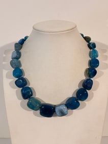 LUC Lucas Lameth Blue Agate Necklace, Faceted Gemstone Choker, Sterling Silver 18"