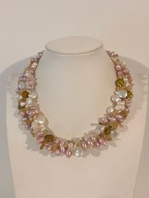 Vintage multi-strand freshwater pearl necklace with citrine and peridot, and Sterling silver lobster