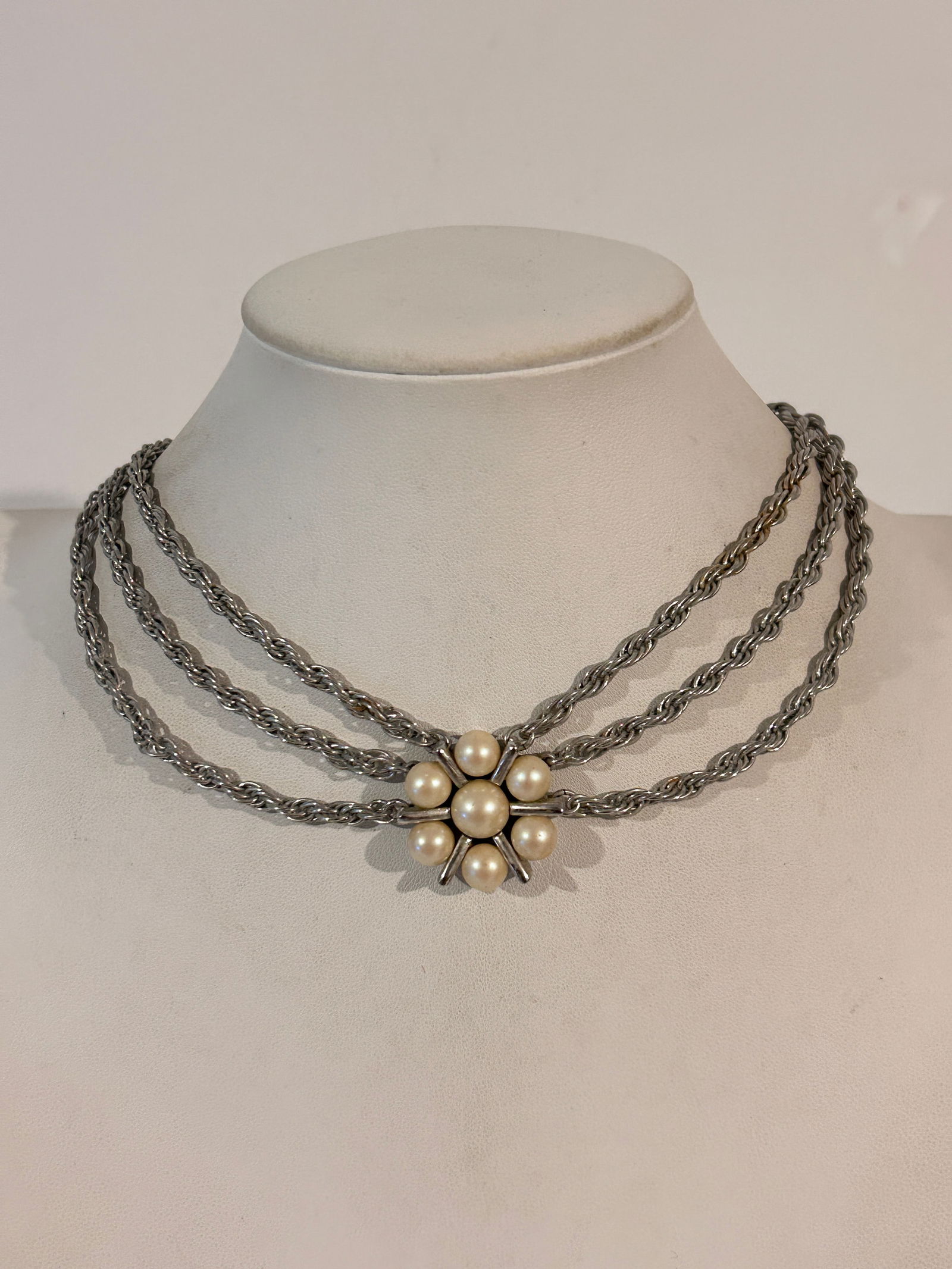 Vintage Monet Three-strand necklace with faux pearls and a silver-tone chain 14" (1 of 5)
