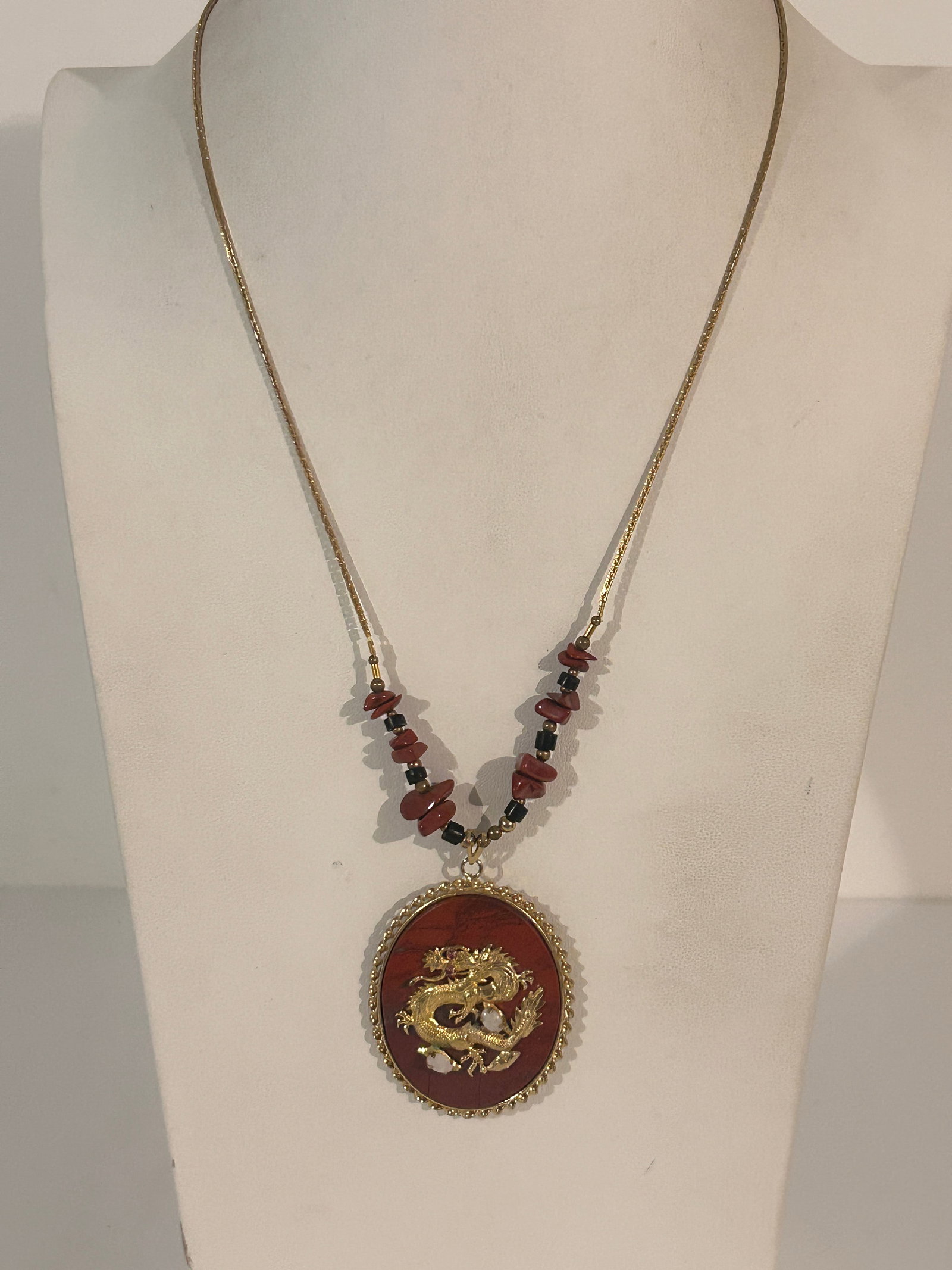 Vintage red enamel Chinese dragon pendant necklace with a gold-tone chain and red bead accents 22": Vintage red enamel Chinese dragon pendant necklace with a gold-tone chain and red bead accents 22" Please view all photos as they are part of the description and condition of this Item, Feel free to c