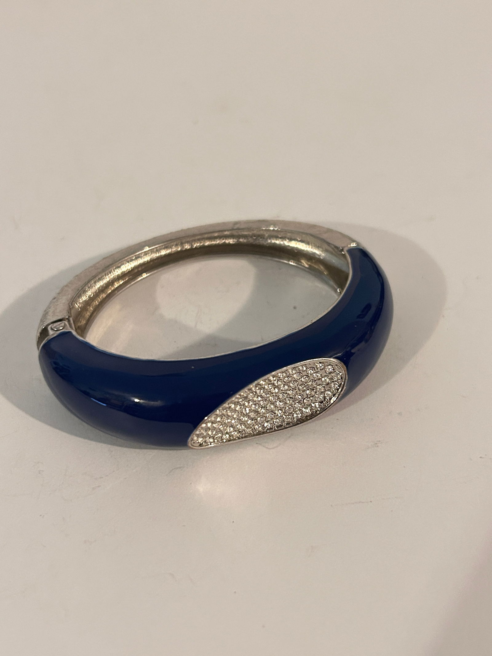 Dark Blue Enamel Oval Pave Crystals Silver Tone Metal Hinge Bangle Bracelet 7" (1 of 5)