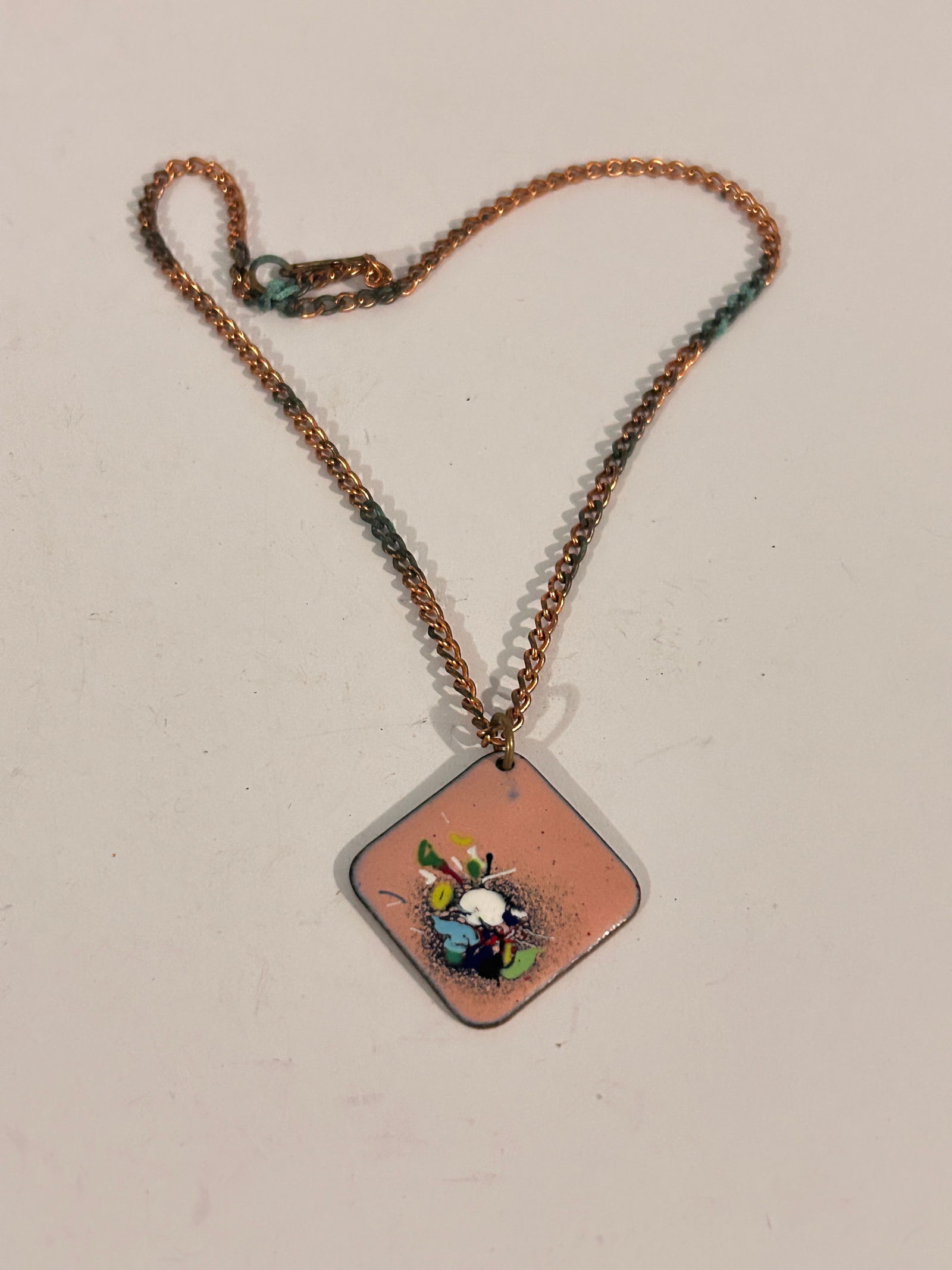 Brasstone Metal Chain Enameled Copper Square Modern Art Pendant Necklace 17": Brasstone Metal Chain Enameled Copper Square Modern Art Pendant Necklace 17" Please view all photos as they are part of the description and condition of this Item, Feel free to contact me with questio