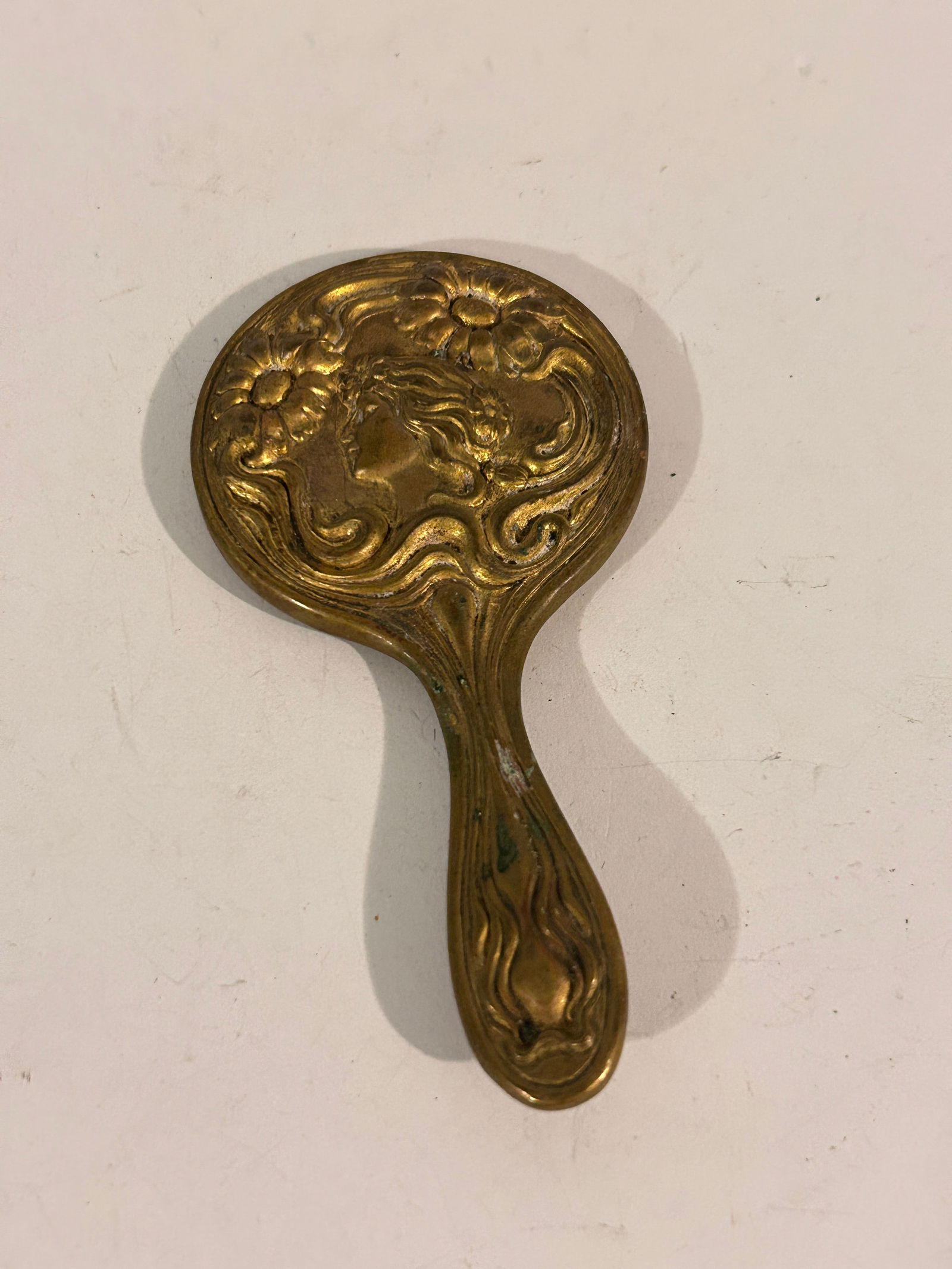 Vintage 4" Art Nouveau miniature brass repoussé hand mirror (1 of 4)