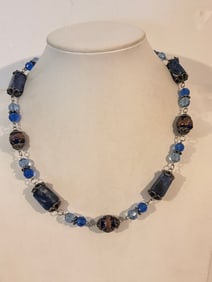 Blue Glass Bead Necklace Lizard Toggle Clasp 18"
