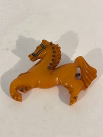 Vintage Carved Painted Bakelite Butterscotch Horse Brooch with All Brass Tacks 3"