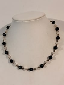 Vintage FWCP Sterling Silver Onyx pearl bead Necklace 17"
