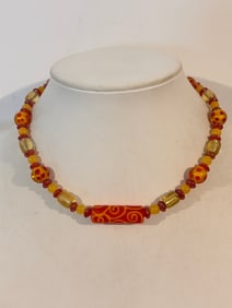 Vintage Orange and Yellow Glass Bead Necklace 15"