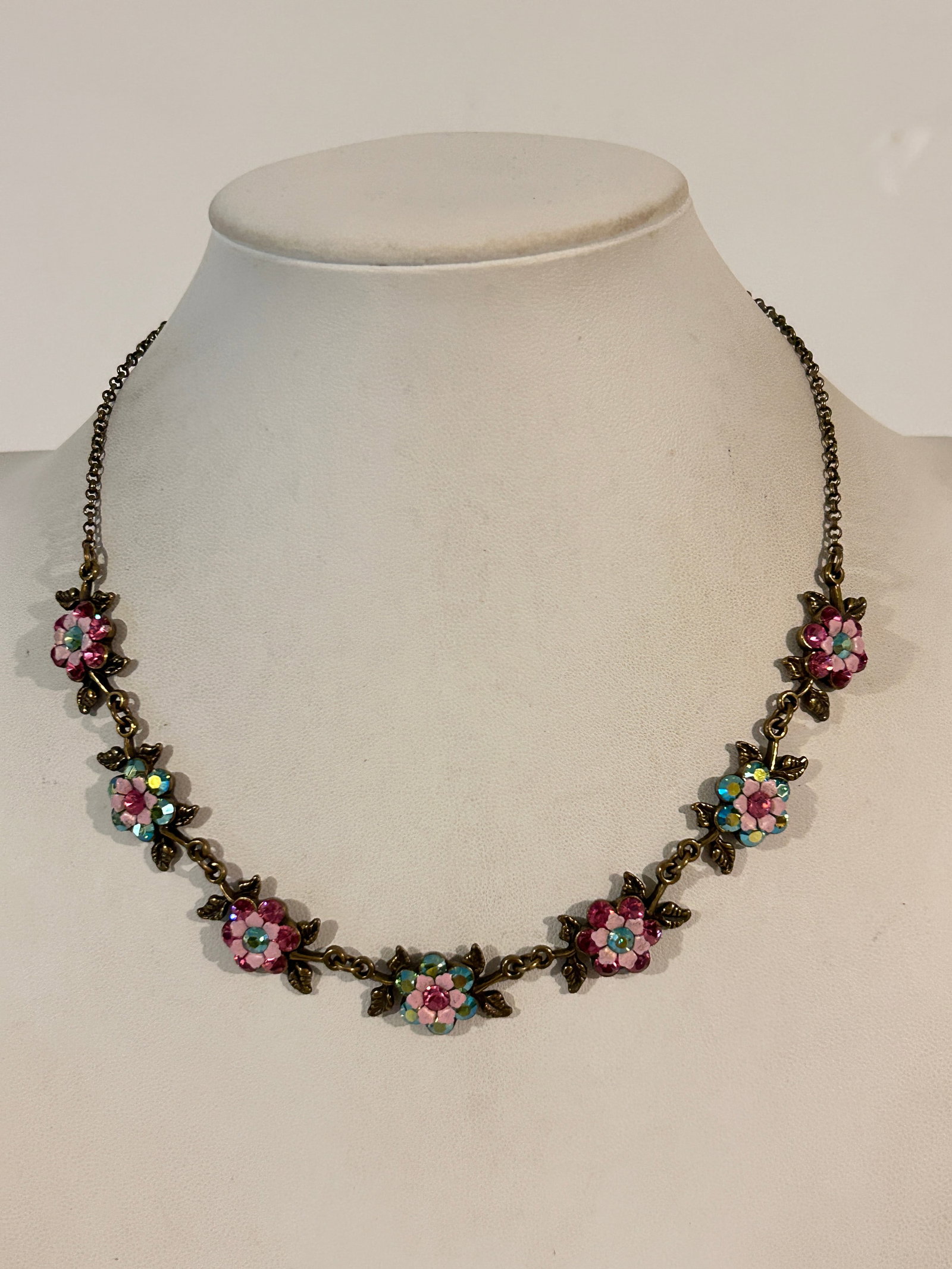 Vintage Michal Negrin antique-tone floral necklace with pink and green flowers and Swarovski: Vintage Michal Negrin antique-tone floral necklace with pink and green flowers and Swarovski crystals 16" Please view all photos as they are part of the description and condition of this Item, Feel fr