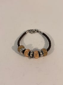 Brown Leather Bracelet Boho Charm Silver Tone Findings Rose Peach Tan Gold Rhinestone Sliders Cross