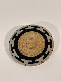 Vintage Brooch Aztec Calendar Alpaca With Brass Black Onyx Inlaid Mexico Pendant 2 1/4"