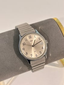 Working Timex Watch Men Silver Stainless Steel Stretch Mechanical Date Water Resist Gray