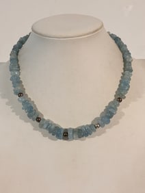 Blue Aquamarine Sterling Silver bead Necklace 14"