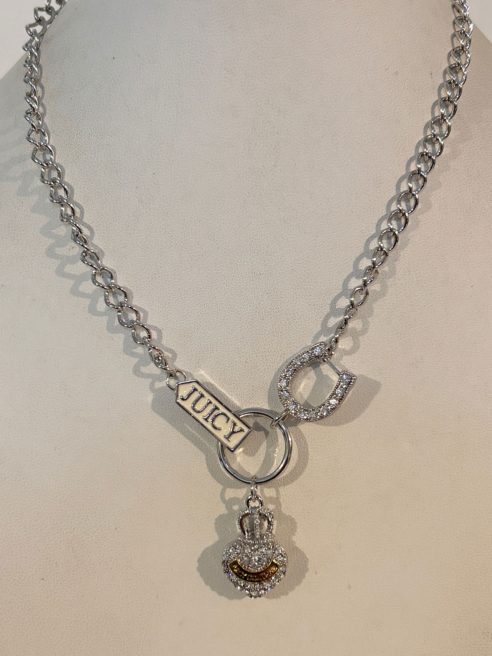 Vintage Y2K Juicy Couture Charm Necklace Puffy Heart Crown Horseshoe Silver Tone 16": Vintage Y2K Juicy Couture Charm Necklace Puffy Heart Crown Horseshoe Silver Tone 16" Please view all photos as they are part of the description and condition of this Item, Feel free to contact me with