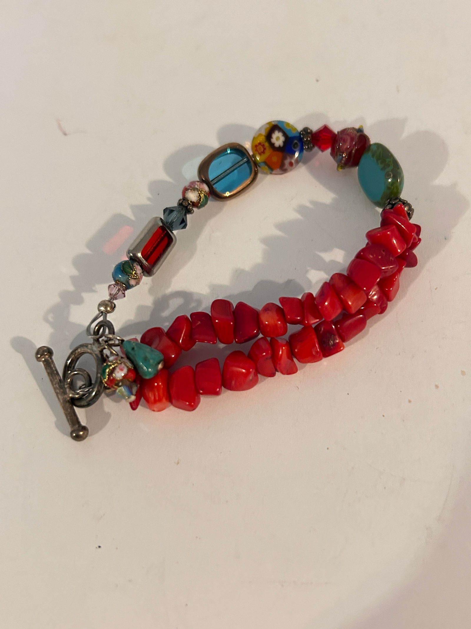 Vintage multi-stone bracelet featuring red coral nuggets, turquoise, moonstone, and other assorted (1 of 3)