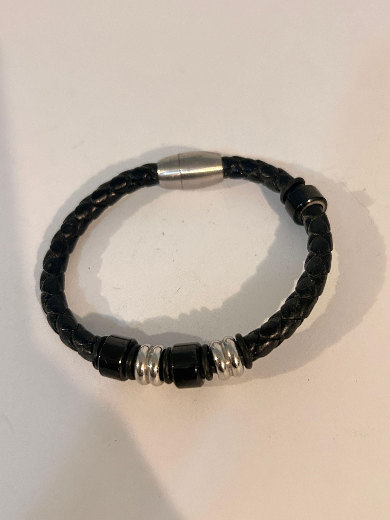 Men's Stainless-Steel Silver Black Braided Leather Magnetic Bracelet 8" (1 of 3)