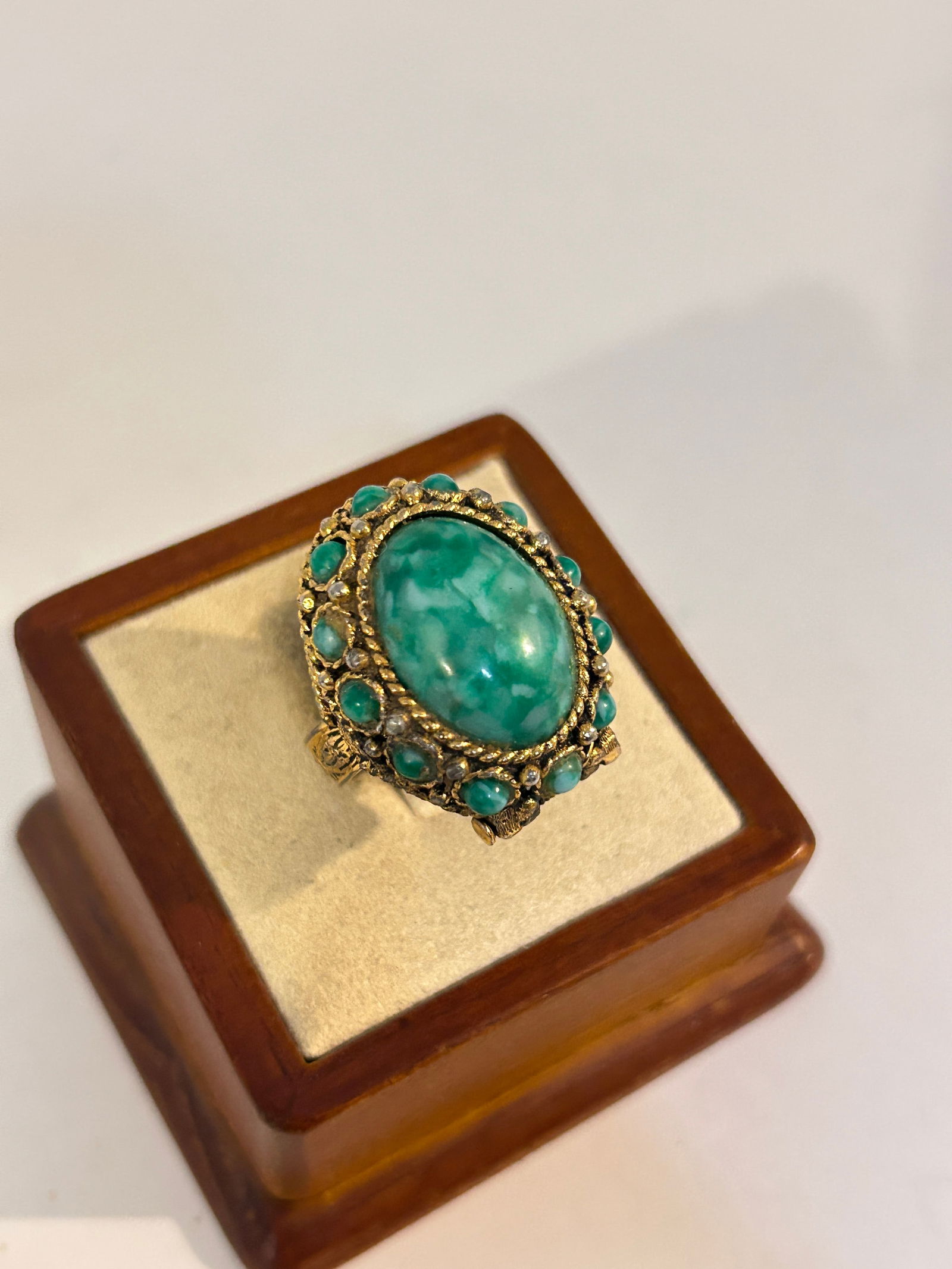 Vintage 1960's Green Faux Turquoise Cabochon Gold Tone Perfume Adjustable Ring (1 of 6)