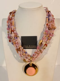 Joan Rivers Multi Strand Beaded Necklace Pink Gold Tone Statement Pendant 18"
