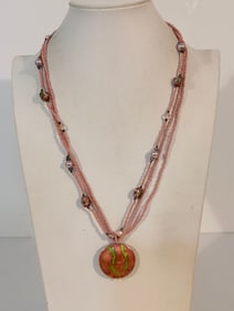 Vintage Cloisonne Pink Flower Enamel beaded Pendant Necklace 22"