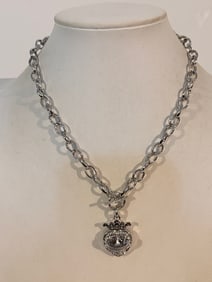 Vtg Y2K Juicy Couture Chunky Chain Necklace Crown Heart Pendant Toggle Silver 16"