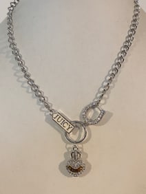 Vintage Y2K Juicy Couture Charm Necklace Puffy Heart Crown Horseshoe Silver Tone 16"