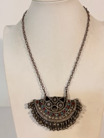 Vintage Kuchi Afghan Tribal Boho Statement Brass Side Bells and Gem Pendant 20"