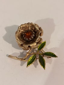 Vtg Sarah Coventry Gold Tone Green Enamel Orange Rhinestone Flower Brooch 2.6