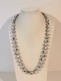 VTG Oriental Hand Painted Knotted Porcelain SIlver 28?? Necklace