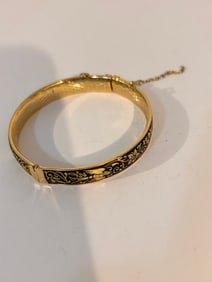 Vintage Damascene bangle bracelet with a floral and bird design 7"