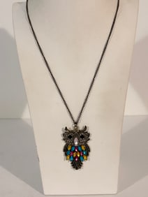 Vintage Owl rhinestone pendant Necklace 28"